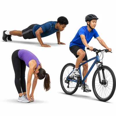 Students doing push-ups, toe touches, and bike riding.