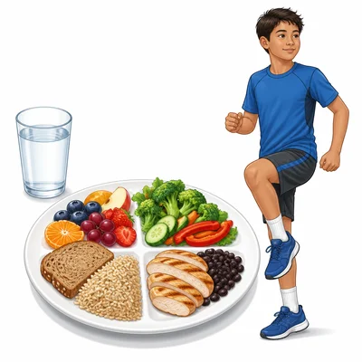Balanced meal and an active student illustrating nutrition and physical activity.