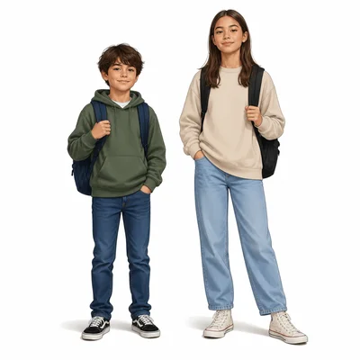Two same-age students with different heights standing side by side.