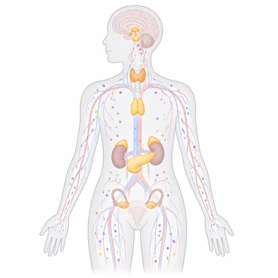 Simplified body diagram showing glands releasing hormones through the bloodstream.