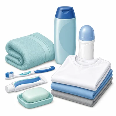 Hygiene supplies including soap, toothbrush, deodorant, towel, and clean clothes.