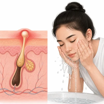 Diagram of a clogged skin pore with acne next to a student washing their face.