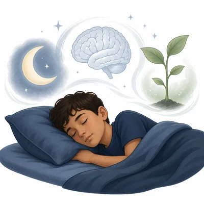 Sleeping adolescent with simple symbols for brain recovery and growth.