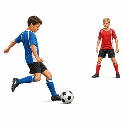 A soccer player making a safe, controlled low kick with others at a safe distance.