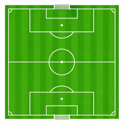 A top-down soccer field diagram showing goals, center circle, and boundary lines.