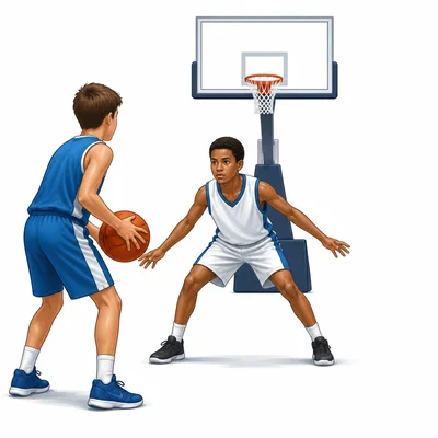 A basketball defender staying between the ball handler and the basket.