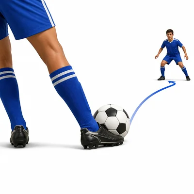A soccer player passing a ball with the inside of the foot toward a teammate.