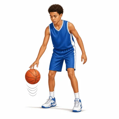 A basketball player dribbling a ball with one hand.