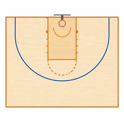 A top-down diagram of a half basketball court with the free throw area shown.
