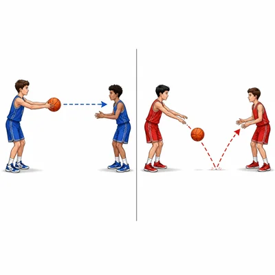 Two basketball passing examples: one direct chest pass and one bounce pass.