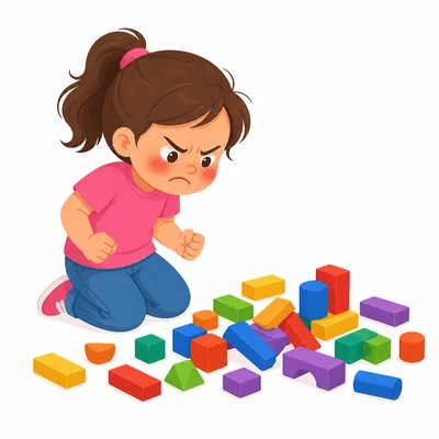A girl with red cheeks and clenched fists looks upset beside a fallen block tower.