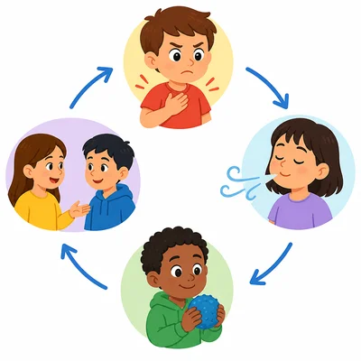 Four anger-management steps are shown: notice body clues, breathe, choose a safe action, and talk calmly.