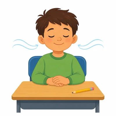 A child calmly takes slow breaths at a desk with a pencil resting safely nearby.