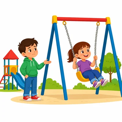 A child waits calmly and politely for a turn on a playground swing.