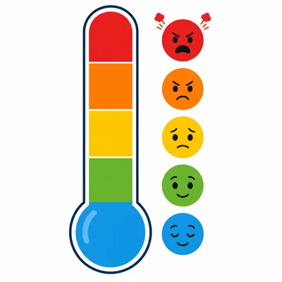 A feelings thermometer changes from calm blue at the bottom to angry red at the top.