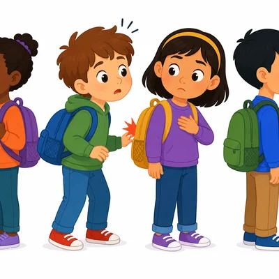 A child pauses to stay calm after being bumped in a school line.