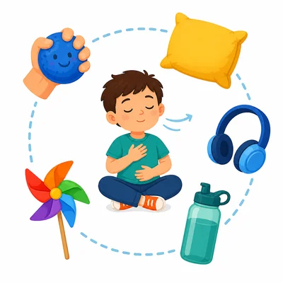 Several calming strategies are shown, including breathing, a stress ball, headphones, and a pillow.