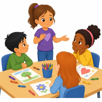 A girl calmly shares her feelings with a group at a classroom table.