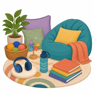 A calm-down corner with pillows, a beanbag, stress balls, headphones, books, and a pinwheel.