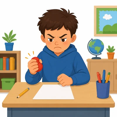 An angry student squeezes a stress ball while keeping their paper safe on the desk.