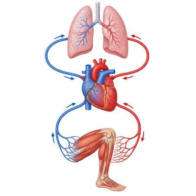Diagram of lungs, heart, and muscles connected by blood flow arrows during exercise.