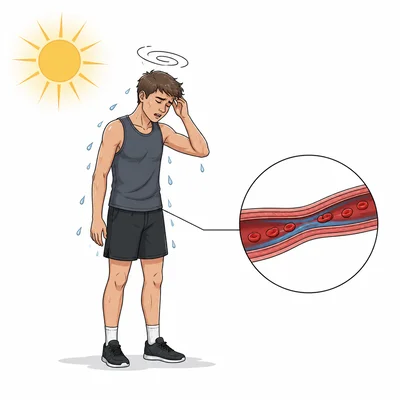 Diagram of a dehydrated athlete in heat with sweating, dizziness, and reduced blood volume.