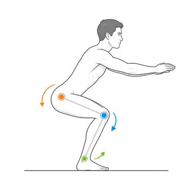 Side-view diagram of a person lowering into a squat with hip, knee, and ankle joints highlighted.