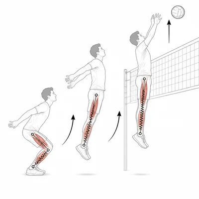 Volleyball jump sequence showing crouch, takeoff, and block with leg spring action.