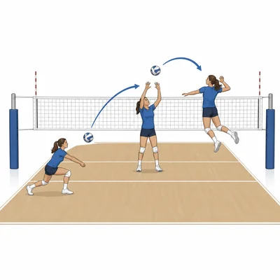 Volleyball court showing the ball moving from a passer to a setter to a hitter.