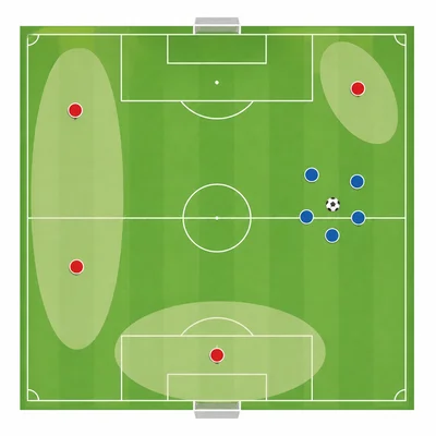 Soccer diagram showing defenders clustered around the ball and opponents left open in space.