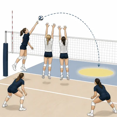 Volleyball player using a soft tip over blockers into open court space.