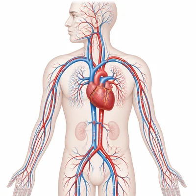 Human torso showing the heart and blood vessels circulating blood through the body.