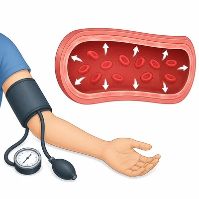 Blood pressure shown as blood pushing against artery walls, with a cuff on an arm.