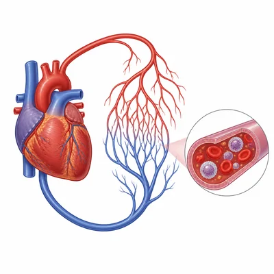 Heart, blood vessels, and blood shown as the three main parts of the cardiovascular system.