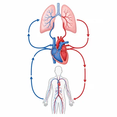Diagram of blood flowing from body to heart to lungs, then back to heart and body.