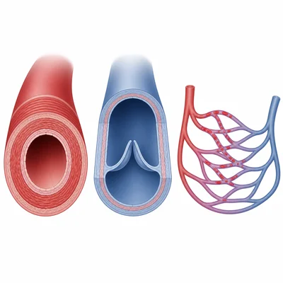 Artery, vein, and capillary structures shown side by side.