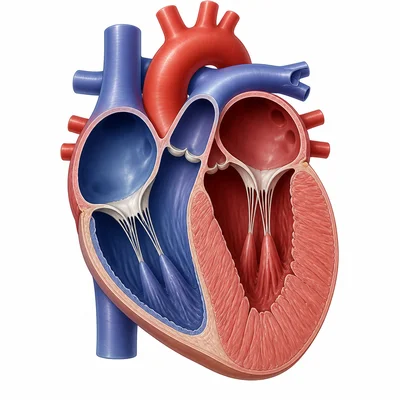 Heart cutaway showing one ventricle with a thicker muscular wall than the other.