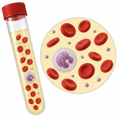 Blood components including plasma, red blood cells, a white blood cell, and platelets.
