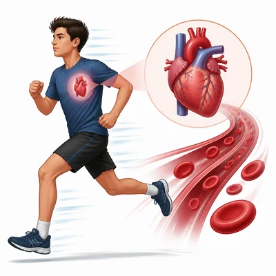 A running student with a heart and fast-moving blood cells showing increased circulation during exercise.