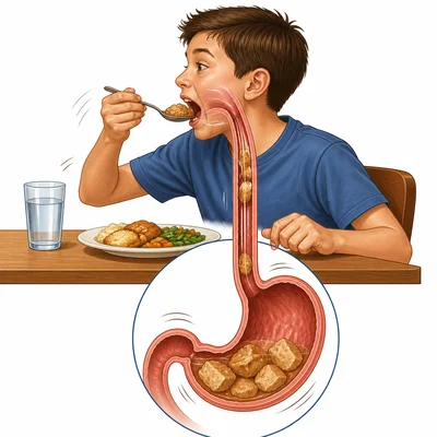 A child eating quickly with large food pieces entering the stomach.