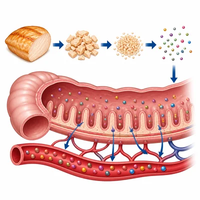 Food breaking down into tiny nutrients the body can absorb.