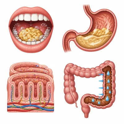 Four digestive parts shown with their jobs: mouth, stomach, small intestine, and large intestine.
