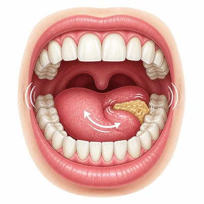 Teeth chewing food while the tongue helps move it in the mouth.