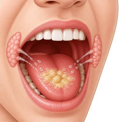 Saliva mixing with chewed food in the mouth.