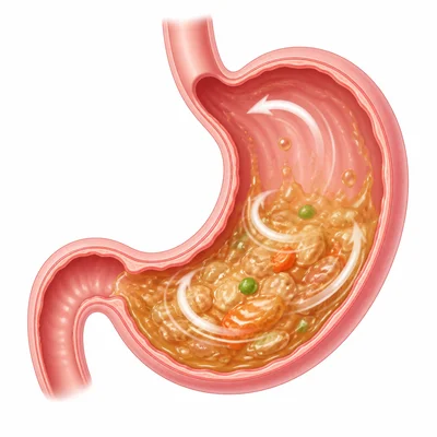 Food being churned and mixed with digestive juices in the stomach.