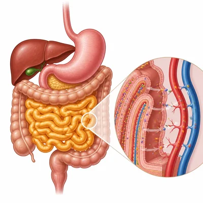 Small intestine highlighted as nutrients move into blood vessels.