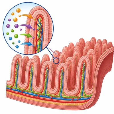 Finger-like villi in the small intestine absorbing nutrients.
