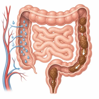 Large intestine absorbing water while waste moves through.