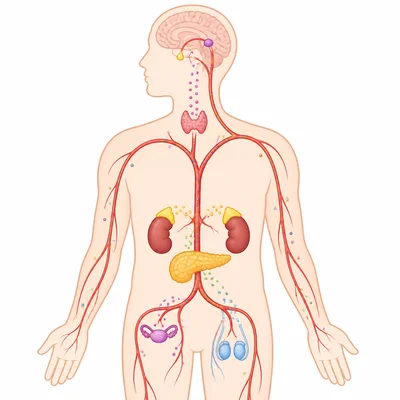 Simplified human body showing endocrine glands releasing hormone dots into blood vessels.