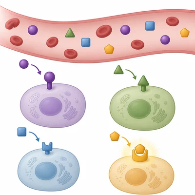 Hormone molecules fit only into matching receptors on target cells.